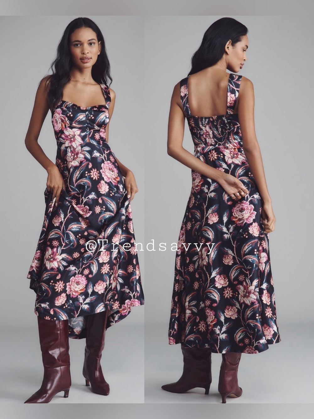 Anthropologie Maeve Jocelyn Floral Slip Midi Dress Black Pink Wedding Guest L